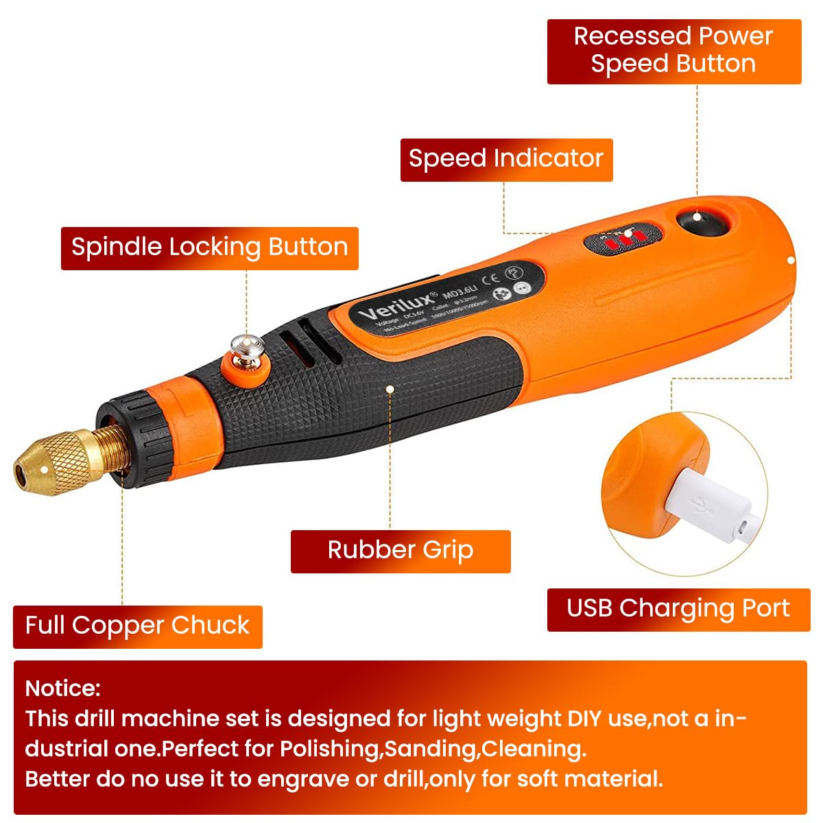 Verilux  45pcs Mini Cordless Drill Machine, 900Ah USB Rechargeable 3 Speed Small Drill Machine for Craft, Drill Machines for Eng (Orange)