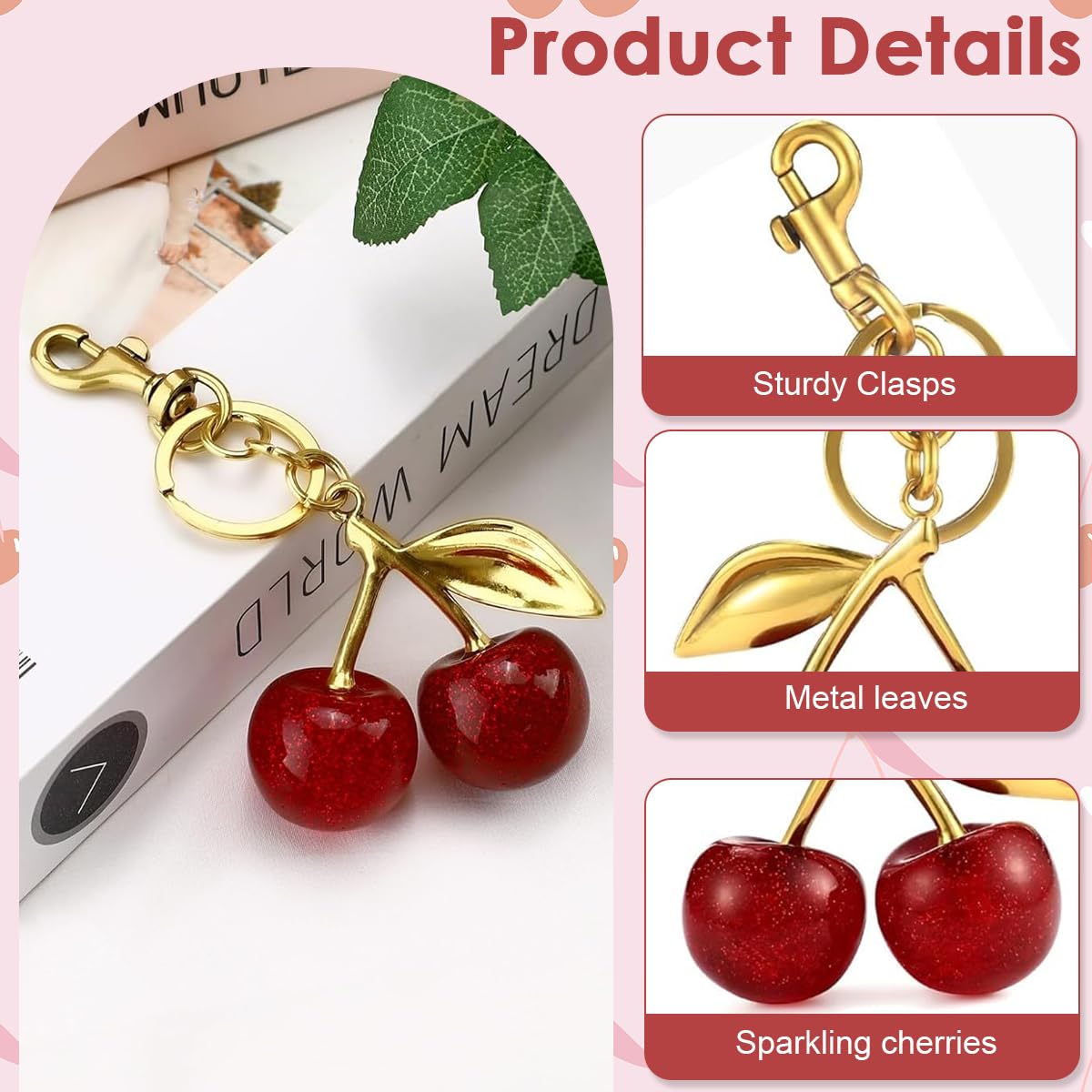 SANNIDHI Cherry Bag Charm for Handbags Featuring Gold Metal Detailing and Gift Box | Fashion Keychain for Women and Girls