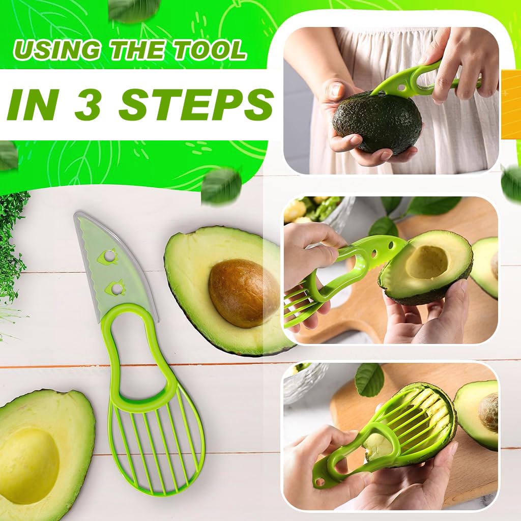 Supvox® 2Pcs Avocado Slicer Cutter Tool, 3 in 1 Avocado Peeler, Green Avocado Cutter and Scooper for Fruits Vegetable - Peel Avocado Slicer Pitter - Plastic Avocado Knife