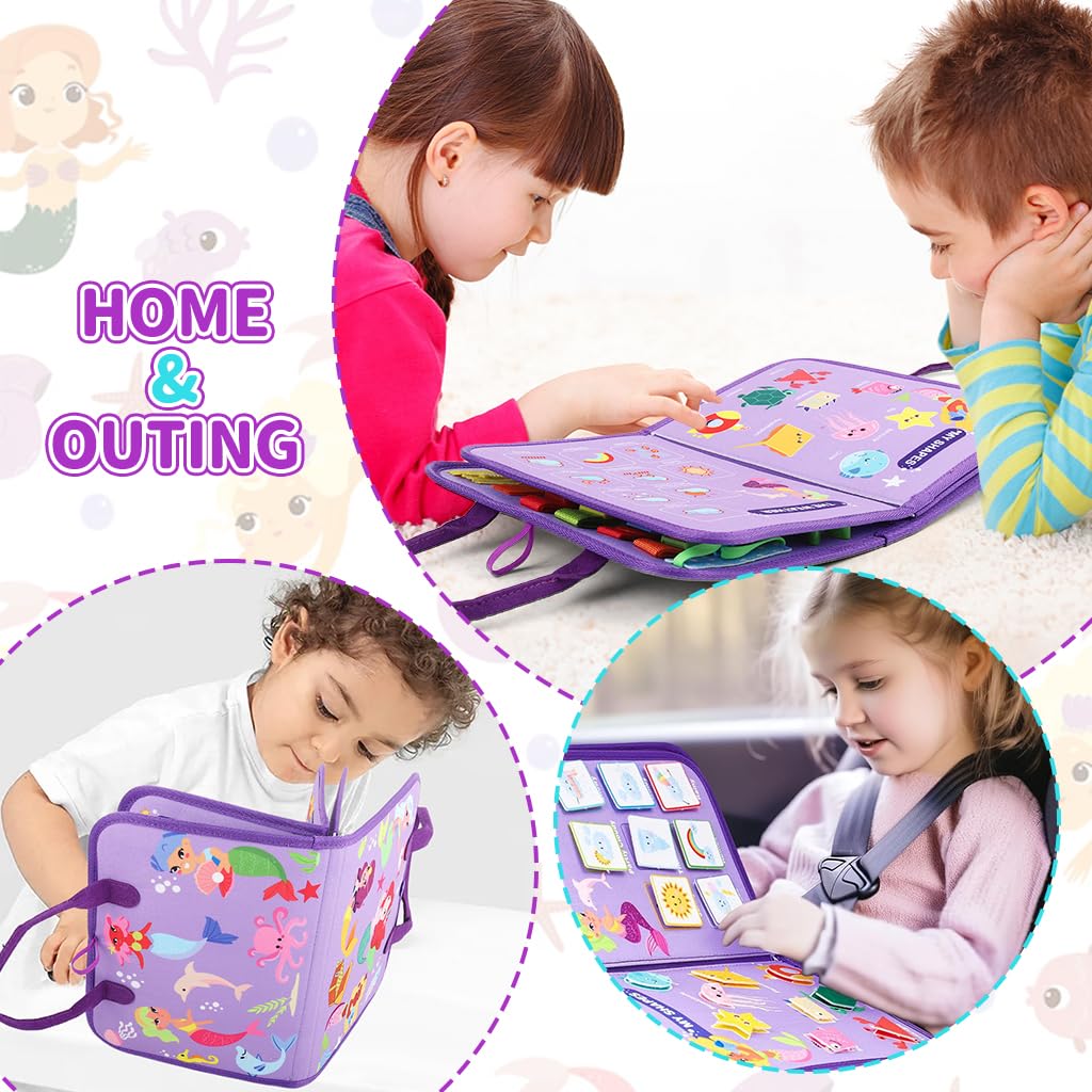 SNOWIE SOFT Mermaid Busy Board for Toddlers 1-3 with 8 Activity Pages and Folding Handbag Design