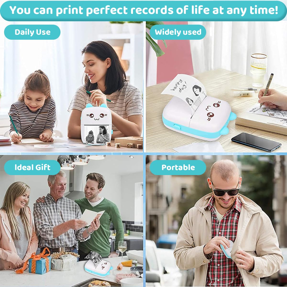 ZEITEL Mini Bluetooth Thermal Printer for Label and Sticker Printing with 5 Rolls Paper | Inkfree Portable Design for Android and iOS