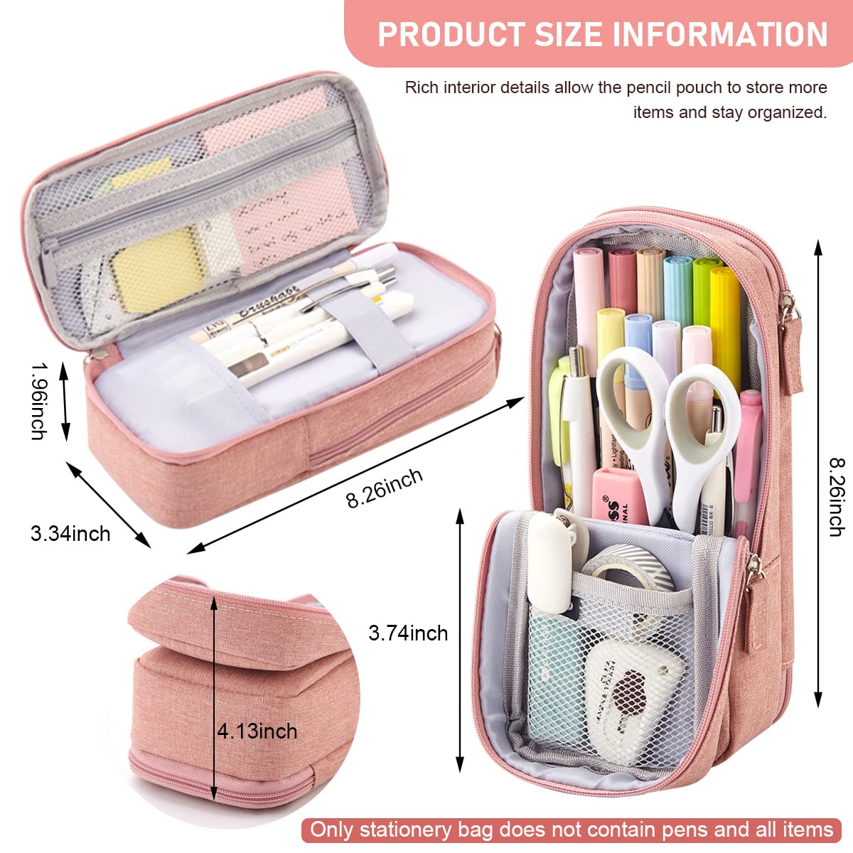 HASTHIP Pencil Case for School and Office with 8.3×4.1×2.4 in Large Capacity featuring Foldable Stand | Pink Canvas Pouch for Girls and Boys