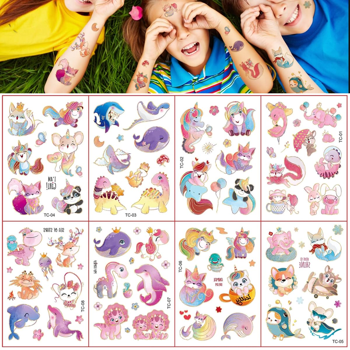 MAYCREATE Temporary Tattoo for Women Girls, Glitter Fake Tattoos Stickers for Face Arm Body, Adult Kids Freckle Tattoo Art for Rave Party Halloween (Cartoon Animal)