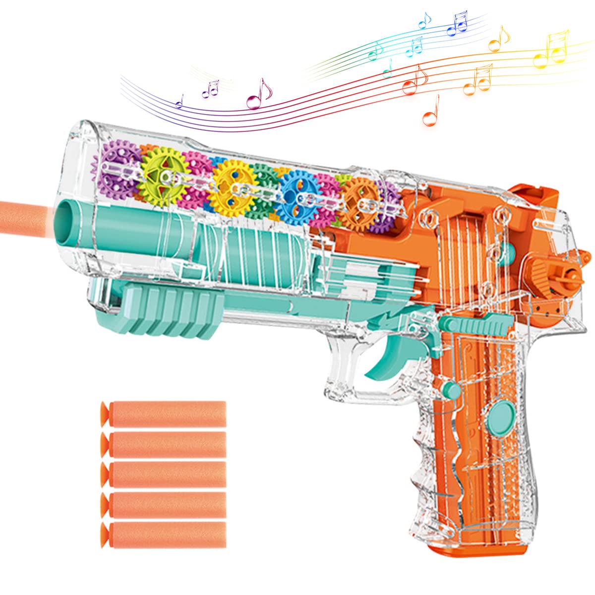 PATPAT® Musical Toys for Kids,Transparent 3D Gear Simulation Mechanical Gun Toys with 5pcs Soft Ammunition,LED Flashing Lights and Sound Toys for Kids Boys Girls,Birthday Christmas Gift - Orange