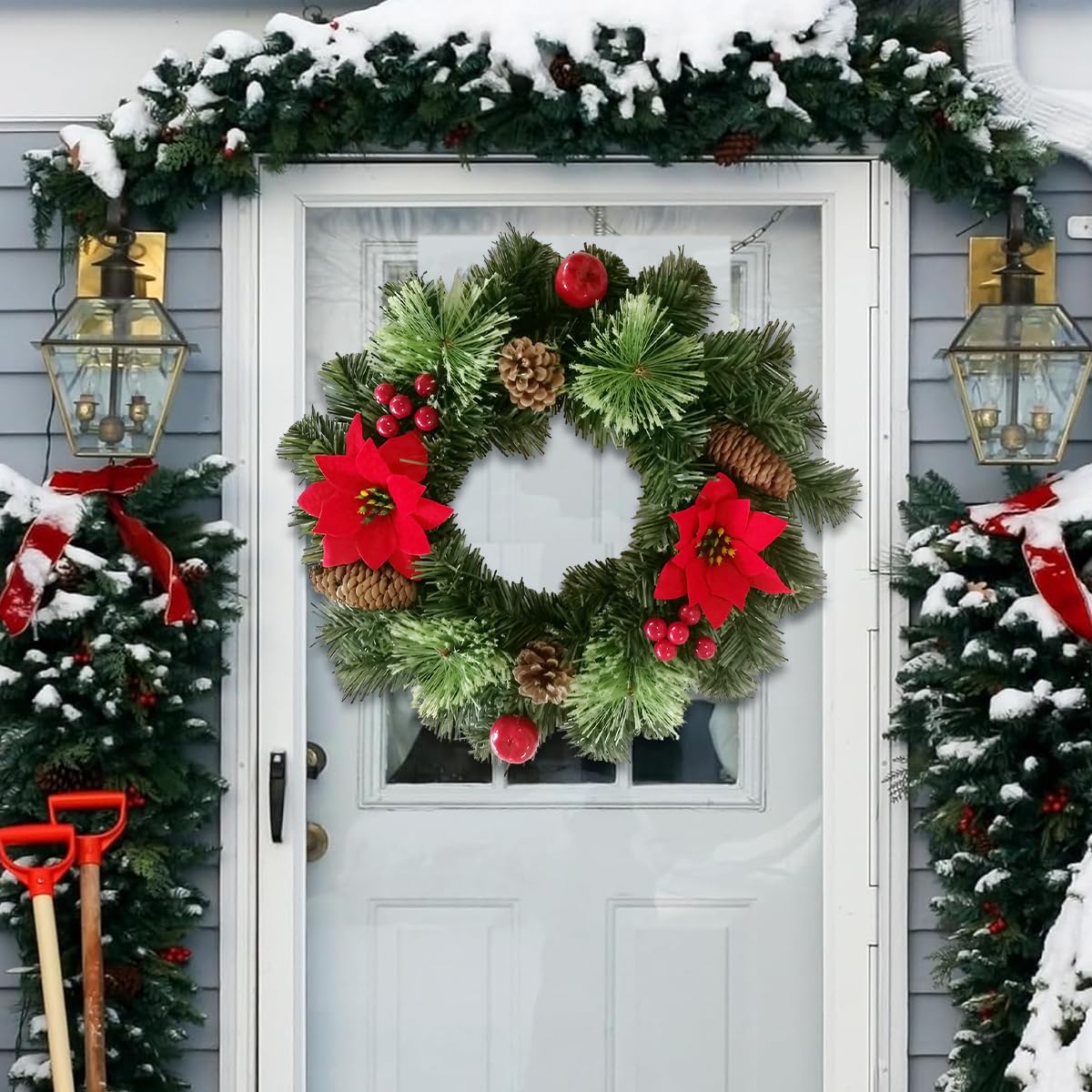 HASTHIP Christmas Wreath for Front Door with Red Poinsettia Pine Cones and Berries 16 in