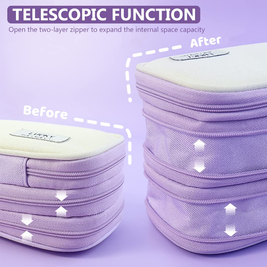 HASTHIP Pencil Case for Students with 3 Layer Foldable Design and Handle | Canvas Purple 22.5×9.5×11cm