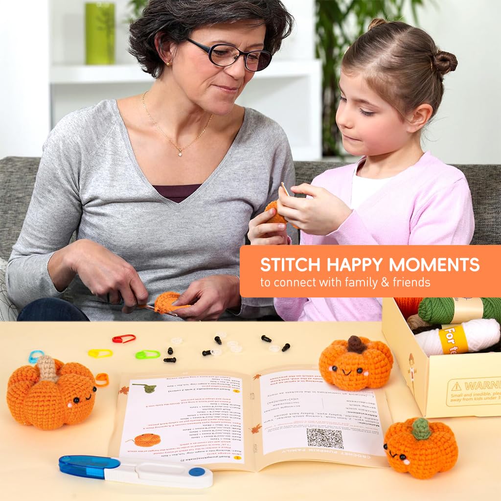 PATPAT DIY Crochet Material Kit for 3 Pumpkin Ornaments with Step-by-Step Tutorial | Kids Craft Set