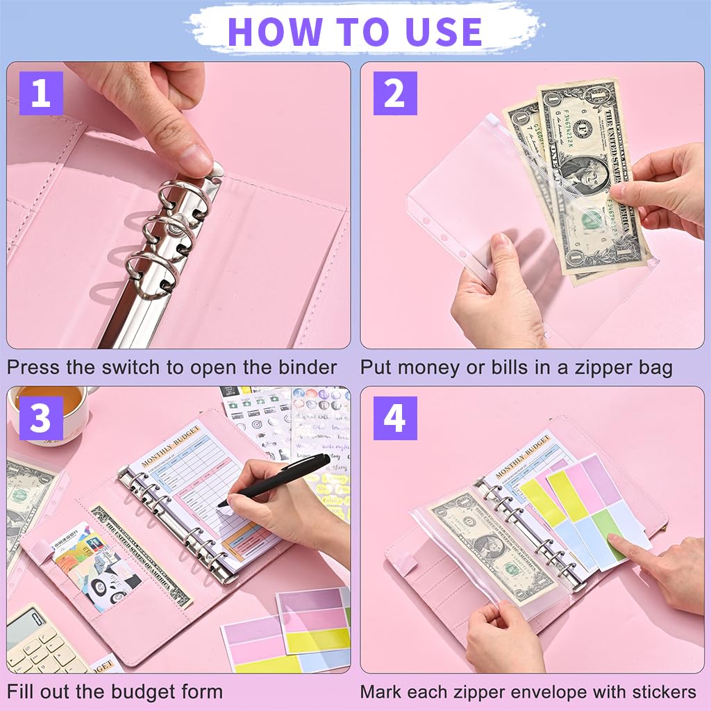 HASTHIP File Folders for Documents featuring A6 Ring Binder with 6 Metal Rings and PU Cover | Budget Sheets and Cash Envelopes Set