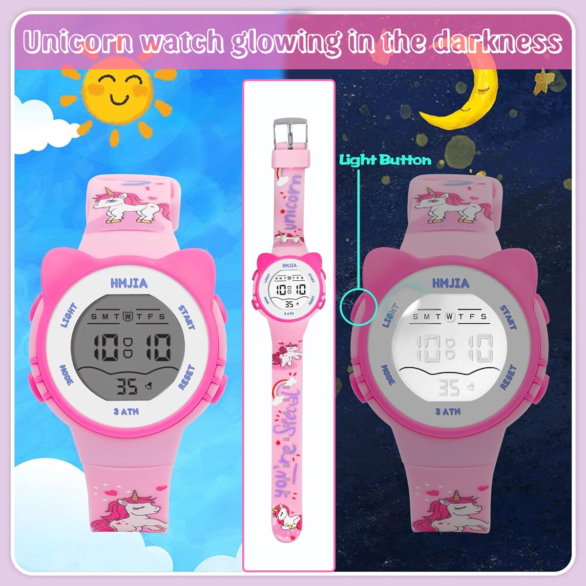 ZIBUYU Unicorn Kids Wrist Watch for Girls with Glow in the Dark LCD Display and Silicone Band