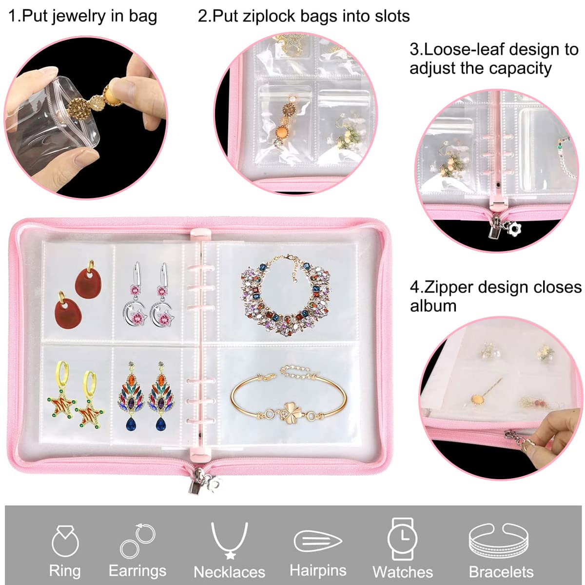 MAYCREATE® Transparent Jewelry Storage Book, Anti Oxidation Jewelry Storage Organizer Bag with 60 Pockets for Bracelets Necklace Rings, Pink