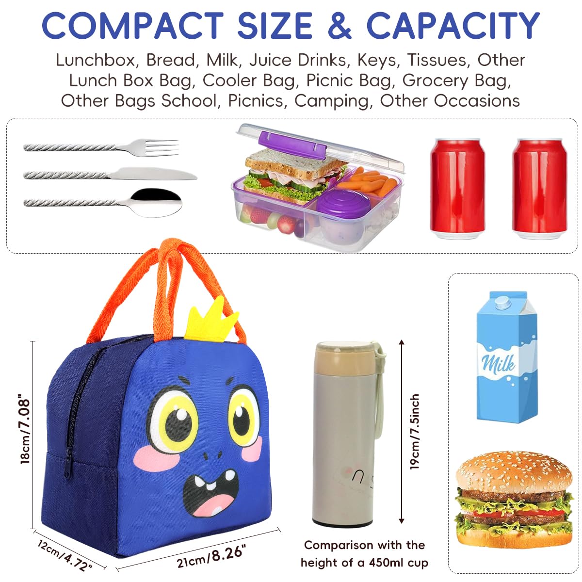 HASTHIP Lunch Bag for School and Picnic featuring Insulated Liner 21x12x18cm Blue | Zippered Closure