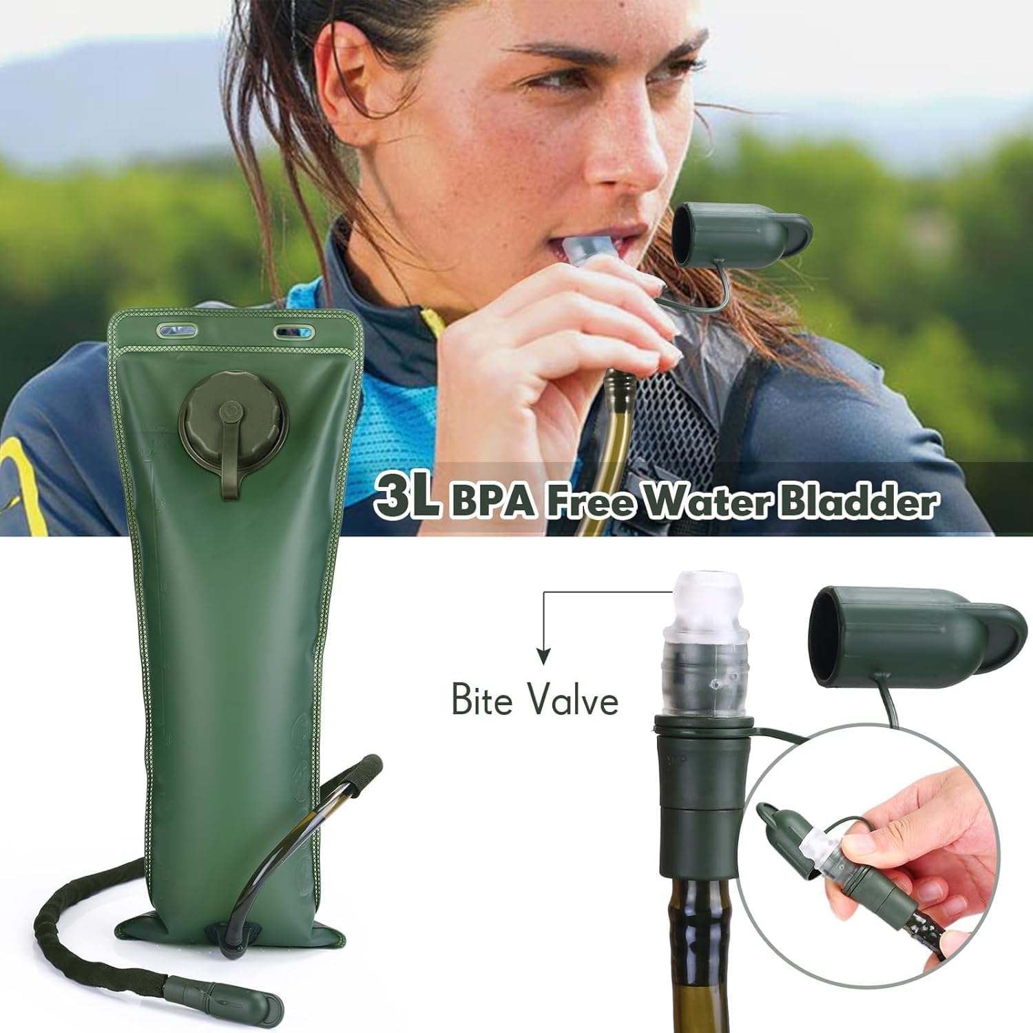 Optifit Trekking Hydration Backpack with 3L BPA Free Bladder featuring Leak Proof Tube | Waterproof Army Green for Hiking Biking and Running