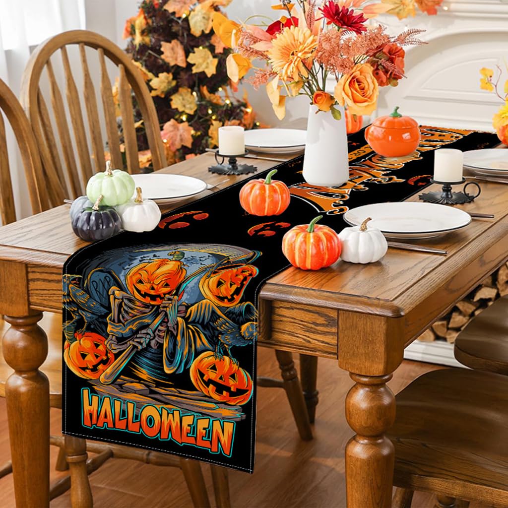 HASTHIP Halloween Table Runner for Dining Table featuring Evil Pumpkin Print 13x72 in | Washable Linen Decor