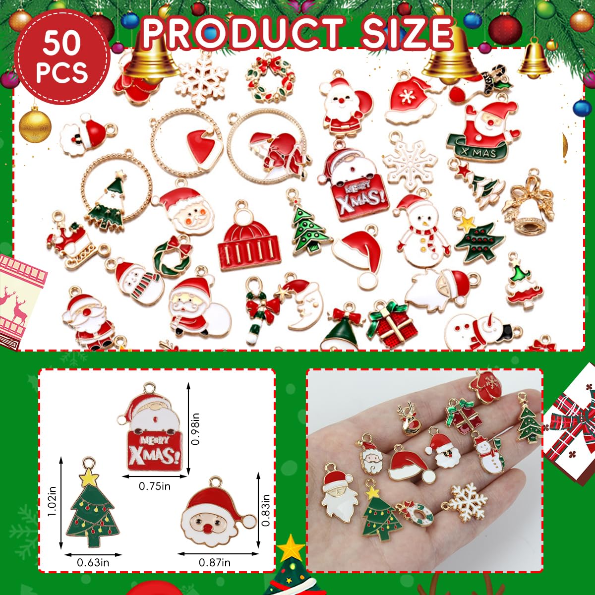 SANNIDHI Christmas Charms for Jewelry Making Kit featuring 50pcs Gold Plated Enamel | DIY Craft and Gift Set