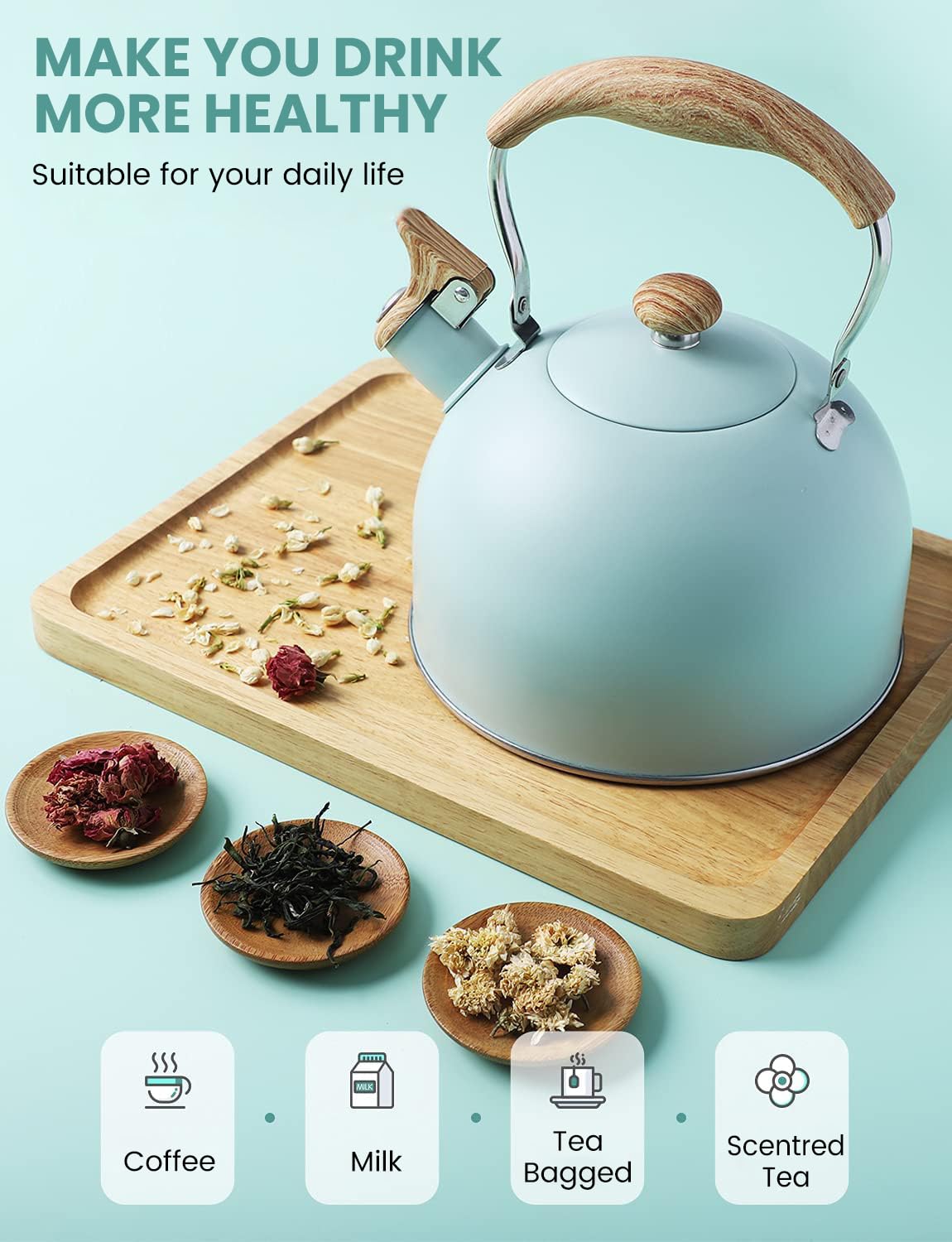 Supvox Tea Kettle for Gas Stove and Induction 2.5L with High Pitch Whistle and Anti Scald Handle | Stainless Steel Camping Tea Pot