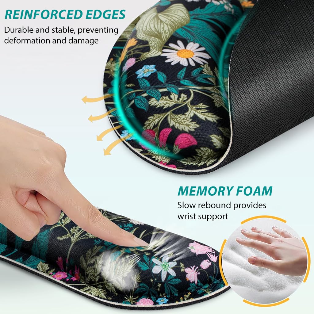 ZORBES Gaming Mouse Pad Set for Home and Office with Memory Foam Wrist Support | 3 Pcs Non Slip Base and Floral Print