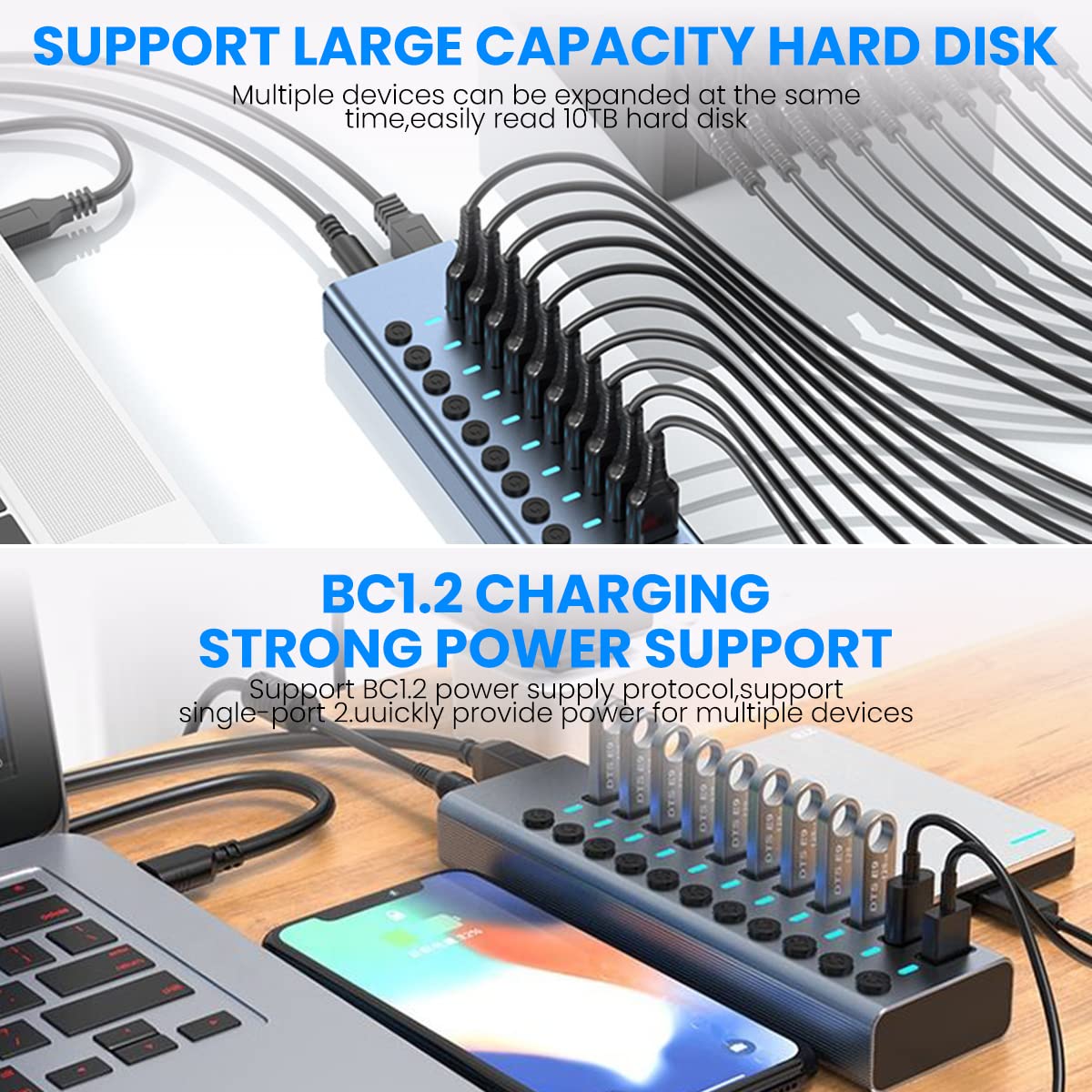 ZORBES USB Hub 3.0 for Laptop and PC with 11 Ports and Individual On Off Switches | Aluminum Alloy Powered Splitter