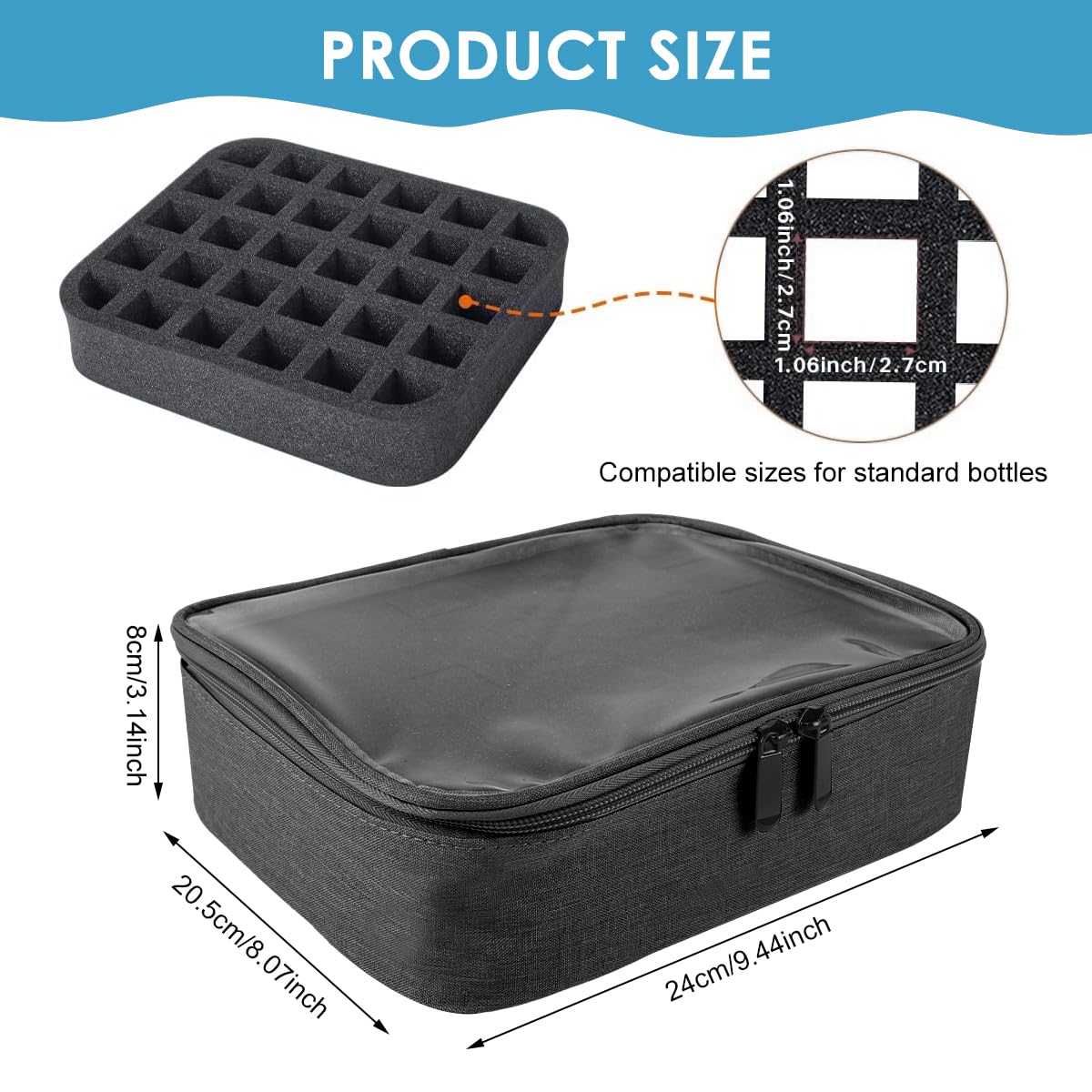MAYCREATE Nail Polish Organizer for Travel with 30 Bottle Slots and Detachable Foam | Black