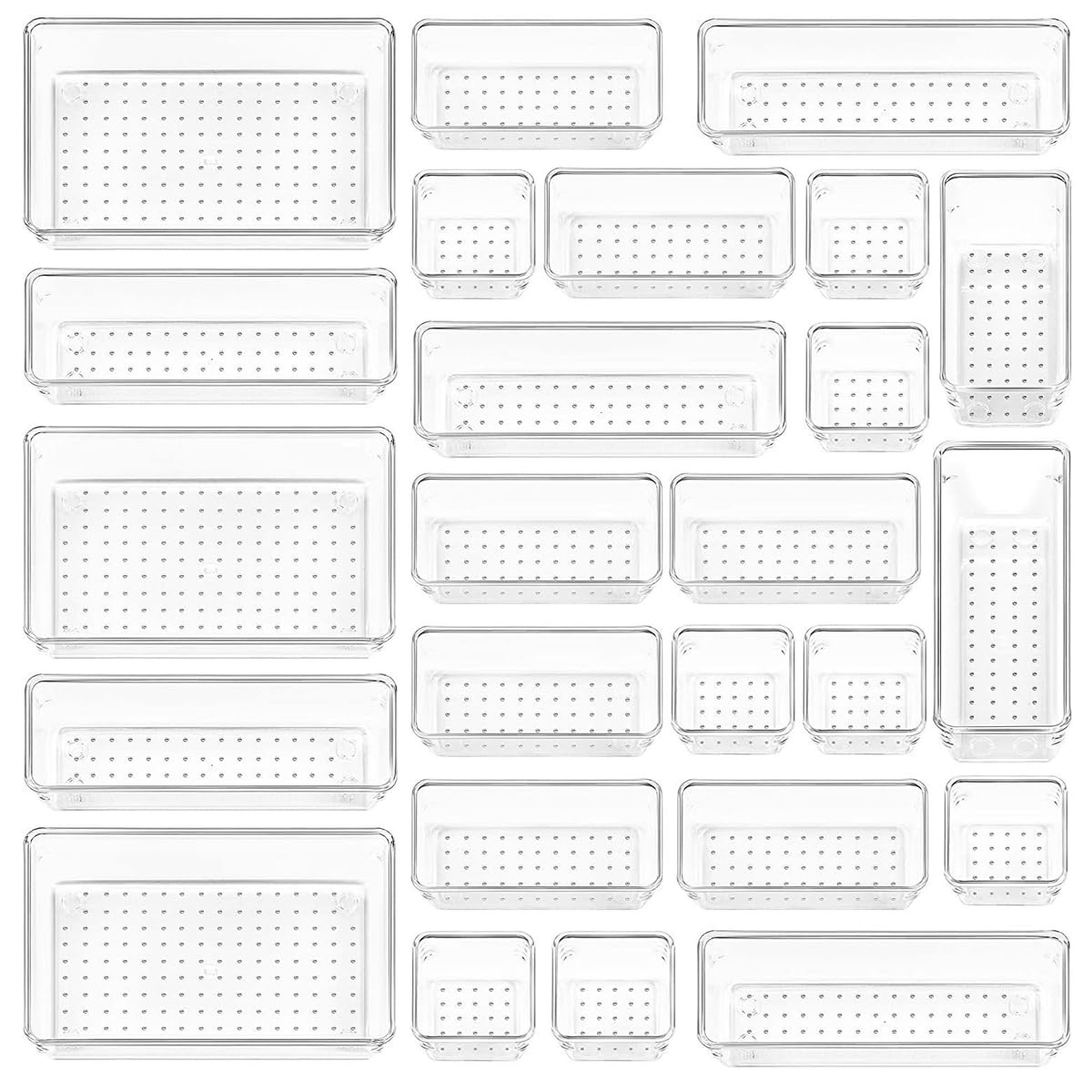 HASTHIP® 25-Piece Clear Plastic Drawer Organizer Set - Multi-Size Makeup & Jewelry Storage - Non-Slip, Stackable Bins for Office, Kitchen & Vanity - Versatile Organizing Solution for Home & Workspace