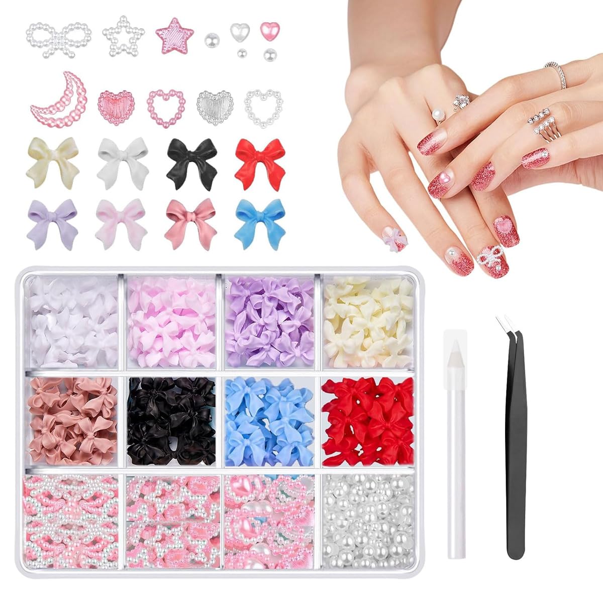 MAYCREATE® 600Pcs 3D Nail Decals Multi Colors Bow Charms Pearls Star Heart 3D Flatback Nail Decals Nail Extensions Charms Fashion Cute Resin Charms for DIY Nail Art, Handcrafts Art