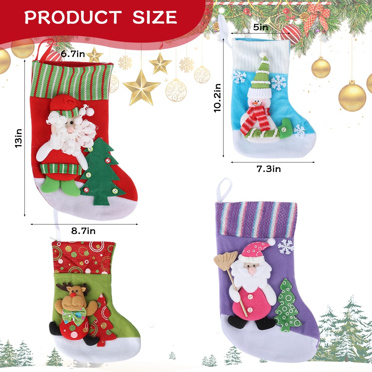 HASTHIP Christmas Stockings Set for Holiday Decor with Santa Snowman Reindeer | Set of 4