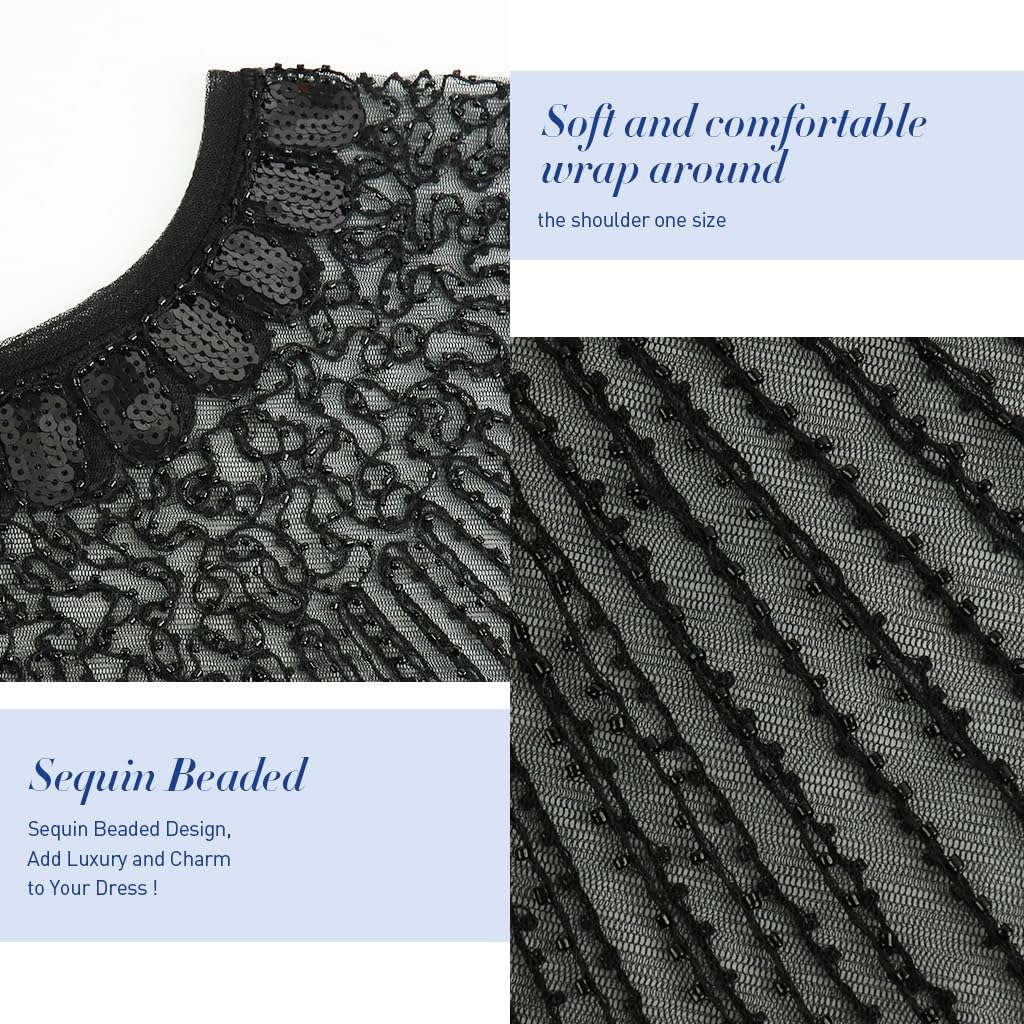 PALAY Lace Shawl for Wedding Dress featuring Sequin Beaded Mesh Fabric | Elegant Black Wrap