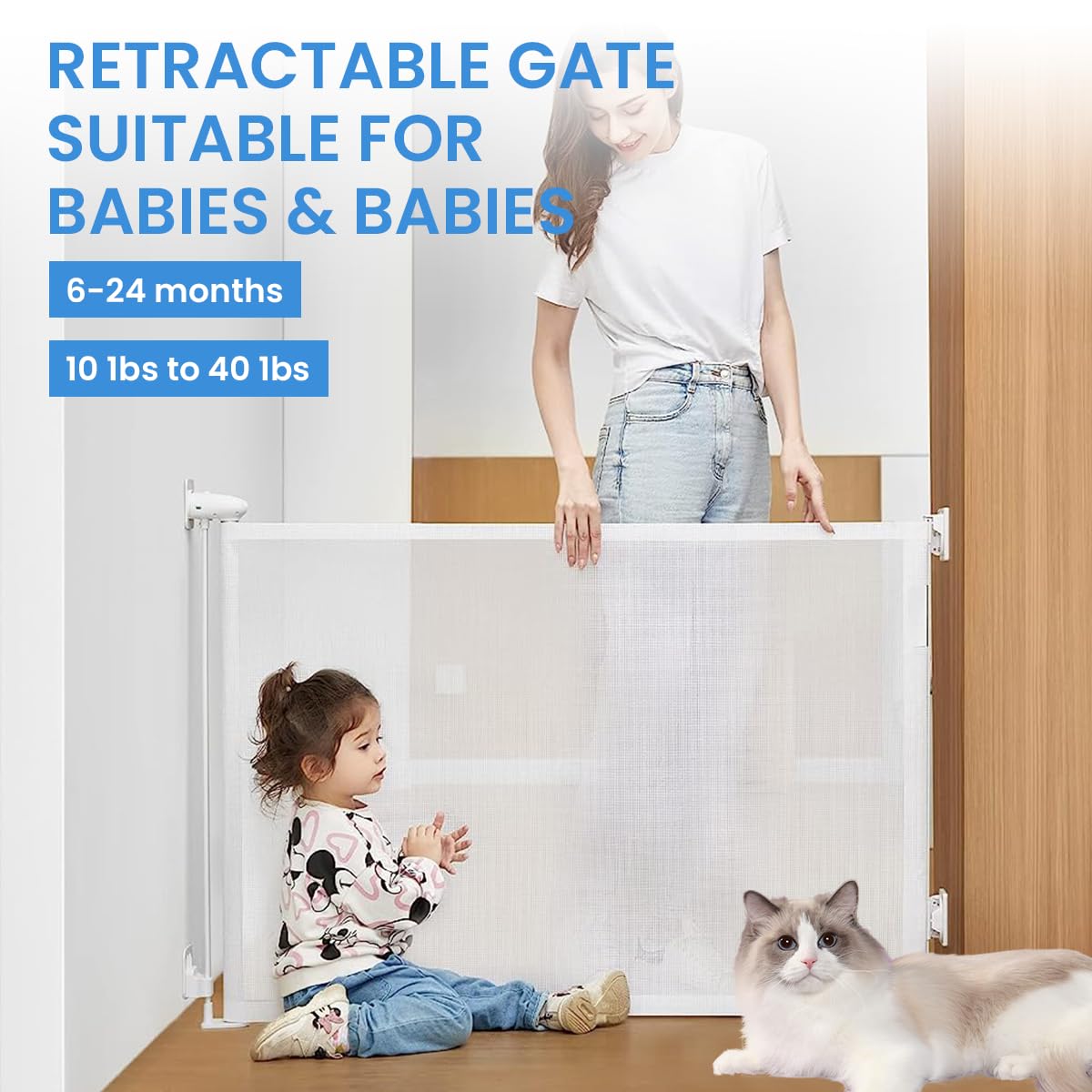 SNOWIE SOFT Retractable Baby Gate for Door and Stair with Pet Door 33 in Tall 55 in Wide | No Drill Reel Design Mesh Safety Barrier