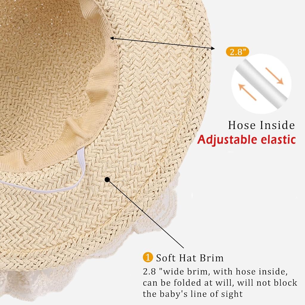SNOWIE SOFT Girls Summer Straw Hat for Beach and Outdoor Wear featuring Adjustable Brim and Lace Bowknot 52cm