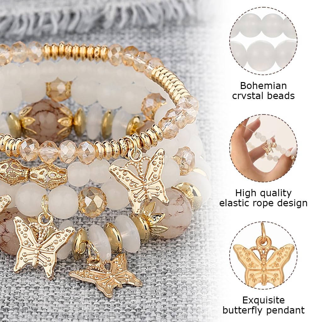 SANNIDHI 4Pcs Bohemian Butterfly Layered Bracelet Crystal Bracelet Stretchy Golden Beaded Bracelet Butterfly Bracelets for Women Girls Beaded Fashion Layered Beaded Bracelet Jewelry Gift for Girls