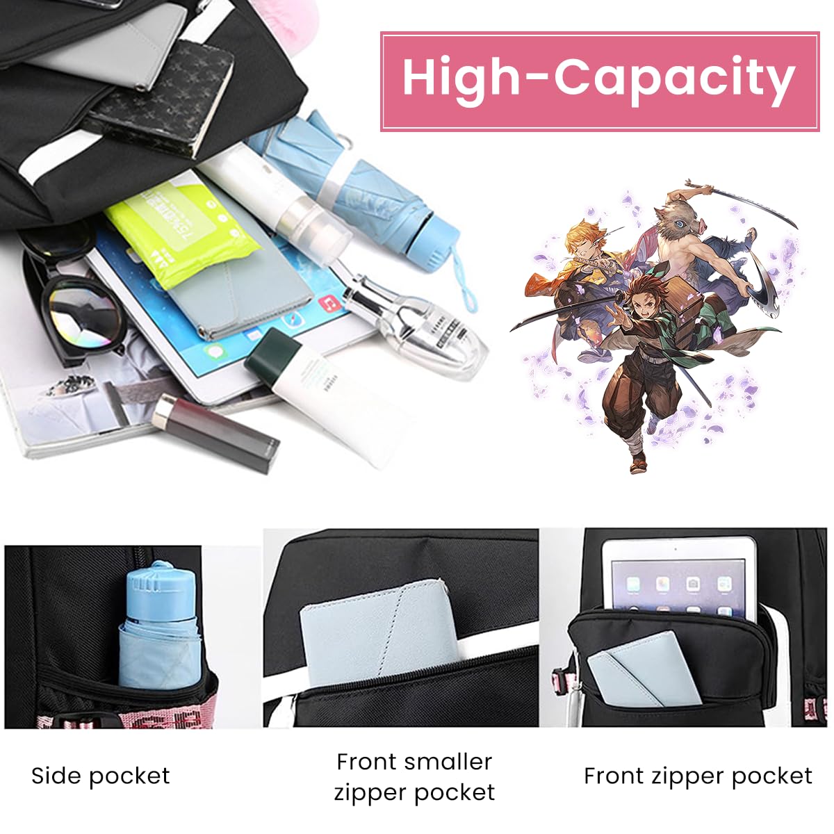 Fancyku Anime Backpack for Girls featuring USB Charging Port and Waterproof Nylon | 30x15x43cm Laptop Daypack