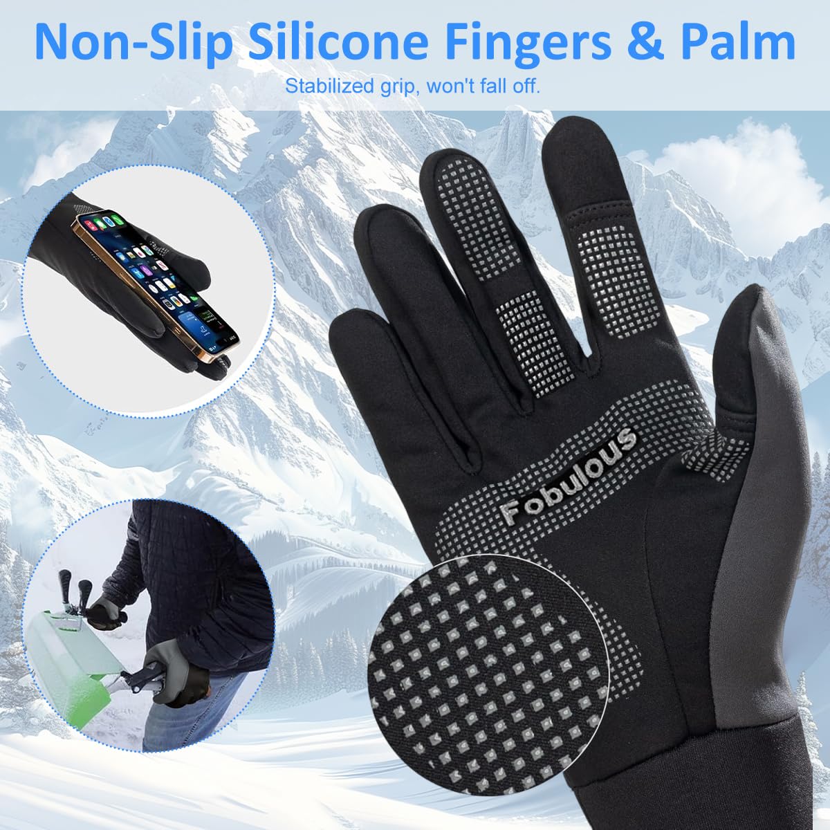 GUSTAVE Winter Gloves for Men with Touchscreen Fingertips and Anti Slip Palm | Black Grey