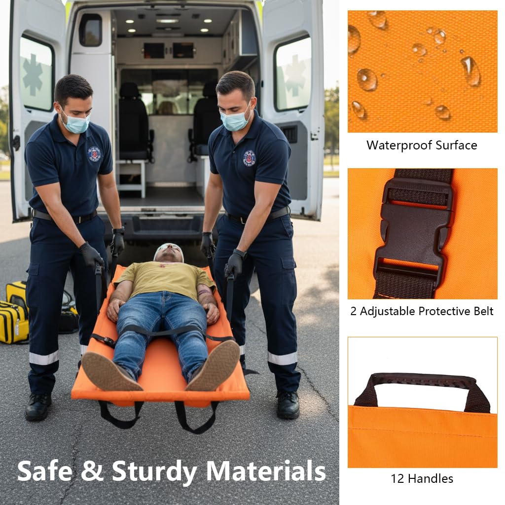 HANNEA Foldable Soft Stretcher for Emergency Rescue with Dual Safety Belts 180x70cm | 12 Rubberized Handles and Oxford Cloth