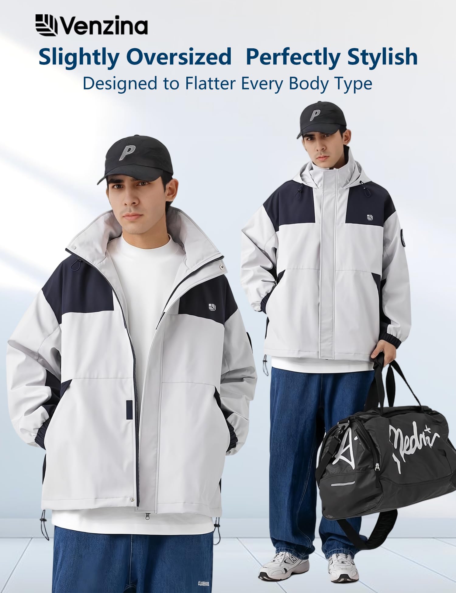 Venzina Men's Modular Tech Wear Jacket for Urban and Outdoor Style with Waterproof Windproof Shell and Interchangeable Patches in Light Gray