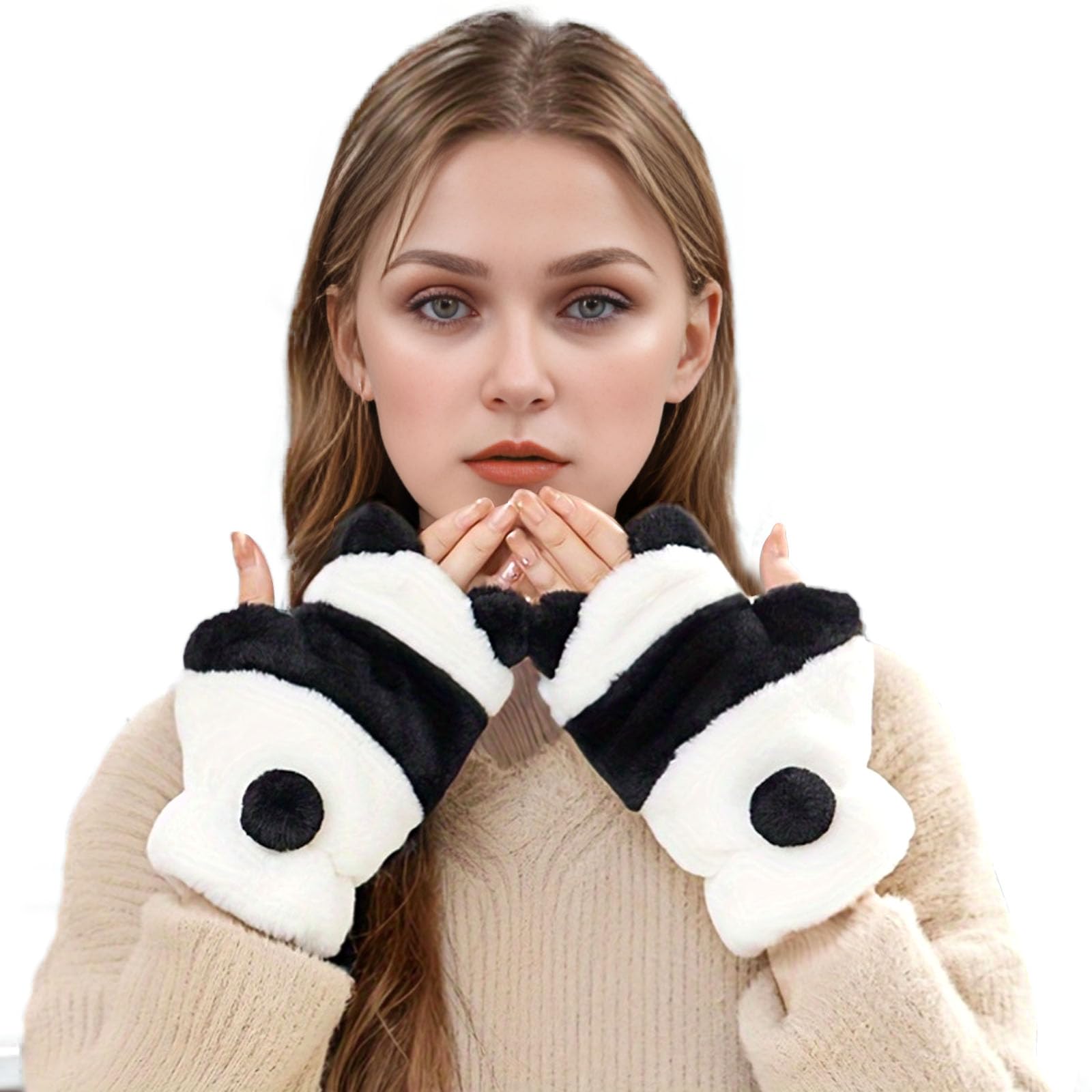 SANNIDHI® Soft Plush Winter Gloves for Women, Fashion Fingerless Mittens with Panda Ear Design, Warm Convertible Finger Flap Cover, Cute Cozy Winter Headwear for Outdoor & Everyday Use, Gifting