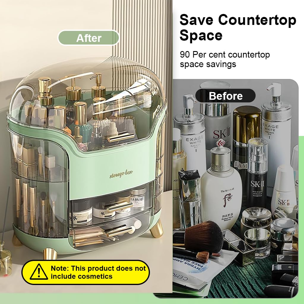 HANNEA Makeup Organizer for Dressing Table with 9 Storage Areas and Rotatable Compartments | Green ABS Skincare Box