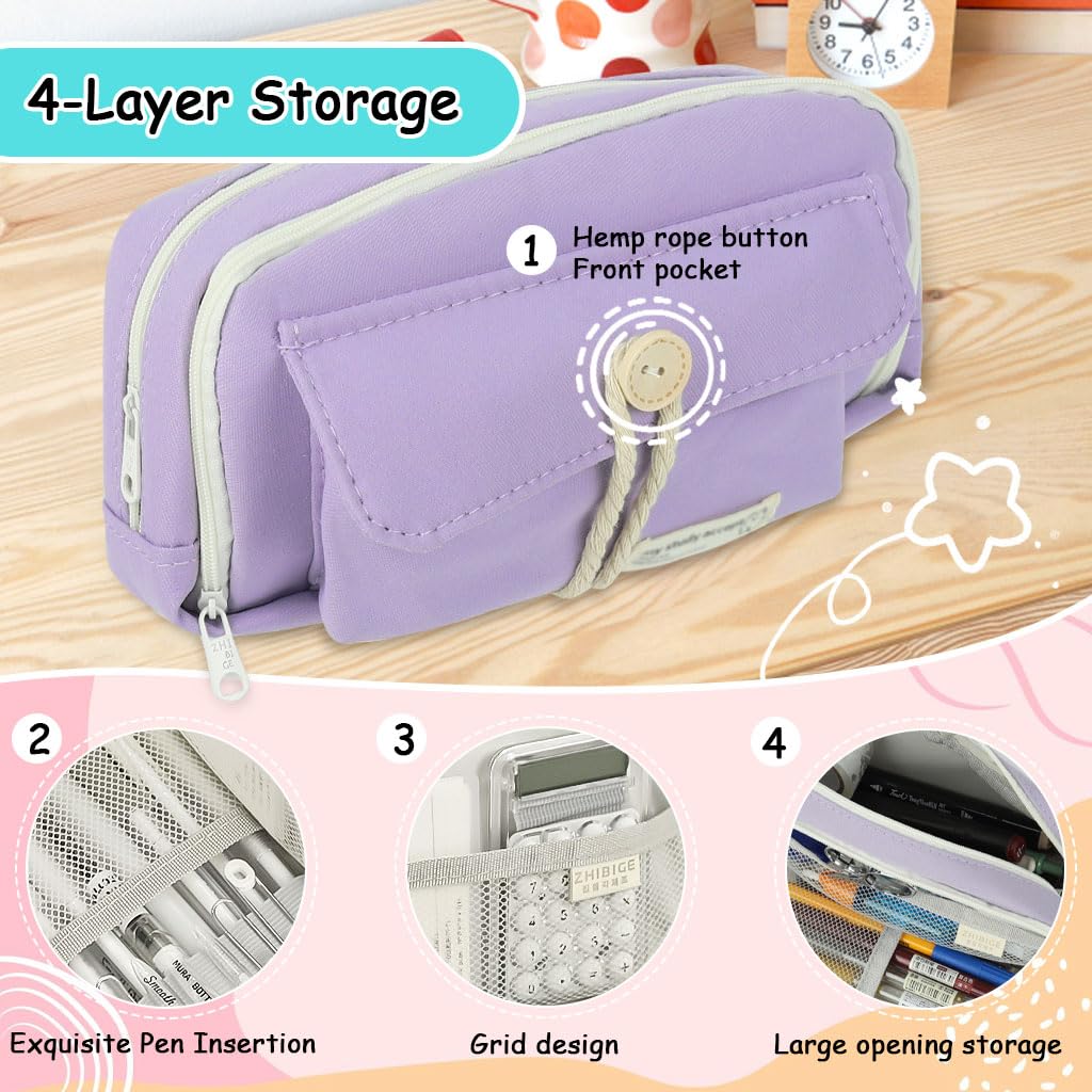 Zibuyu Pencil Pouch for School and Office with Double Layer Zip-Up Design | 21x11x7.5cm Canvas Organizer in Purple