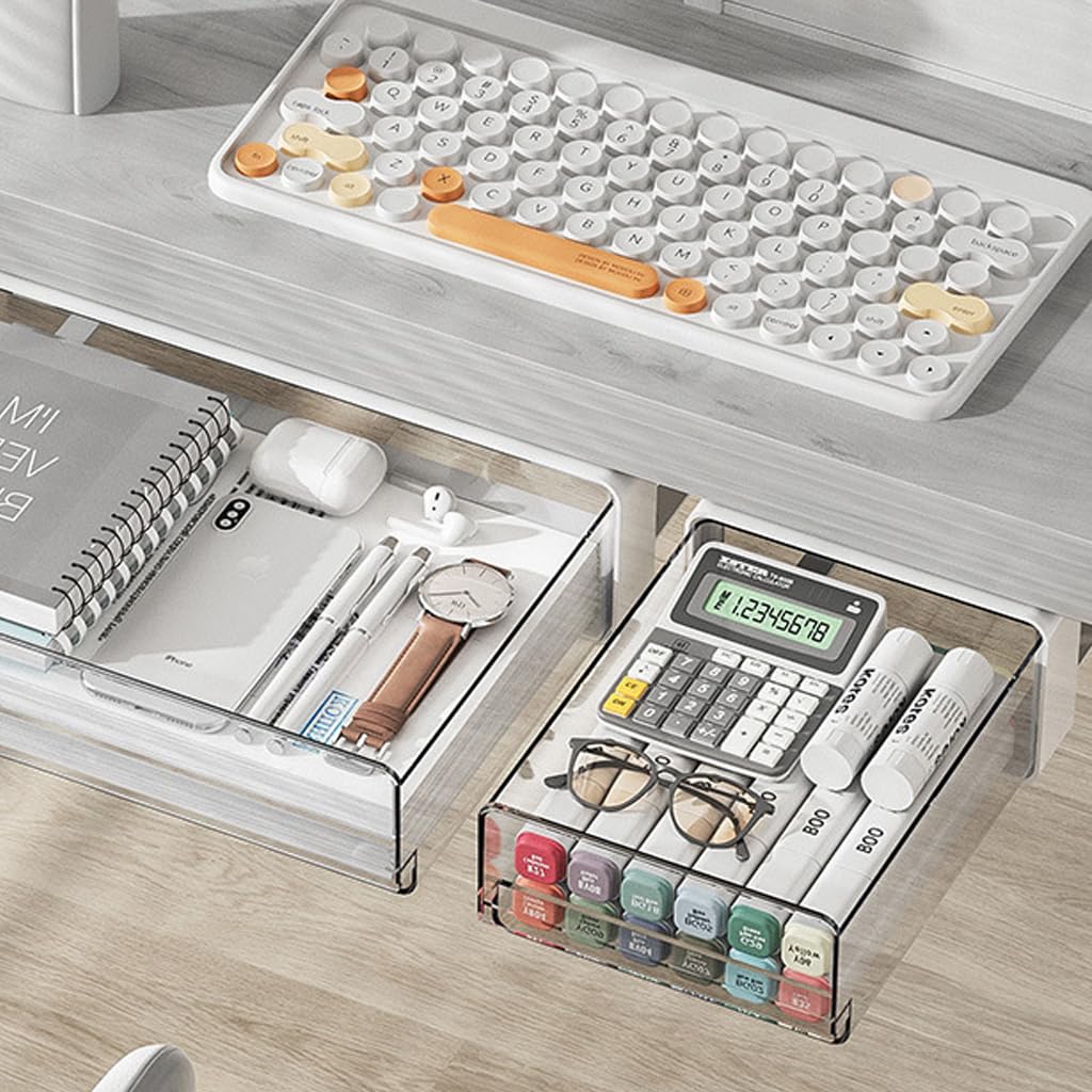 OFIFO Under Desk Drawer Organizer for Office and Home with Smooth Pull Out 7.8x5.9x3.3 in | Transparent PET No Drill Storage Box