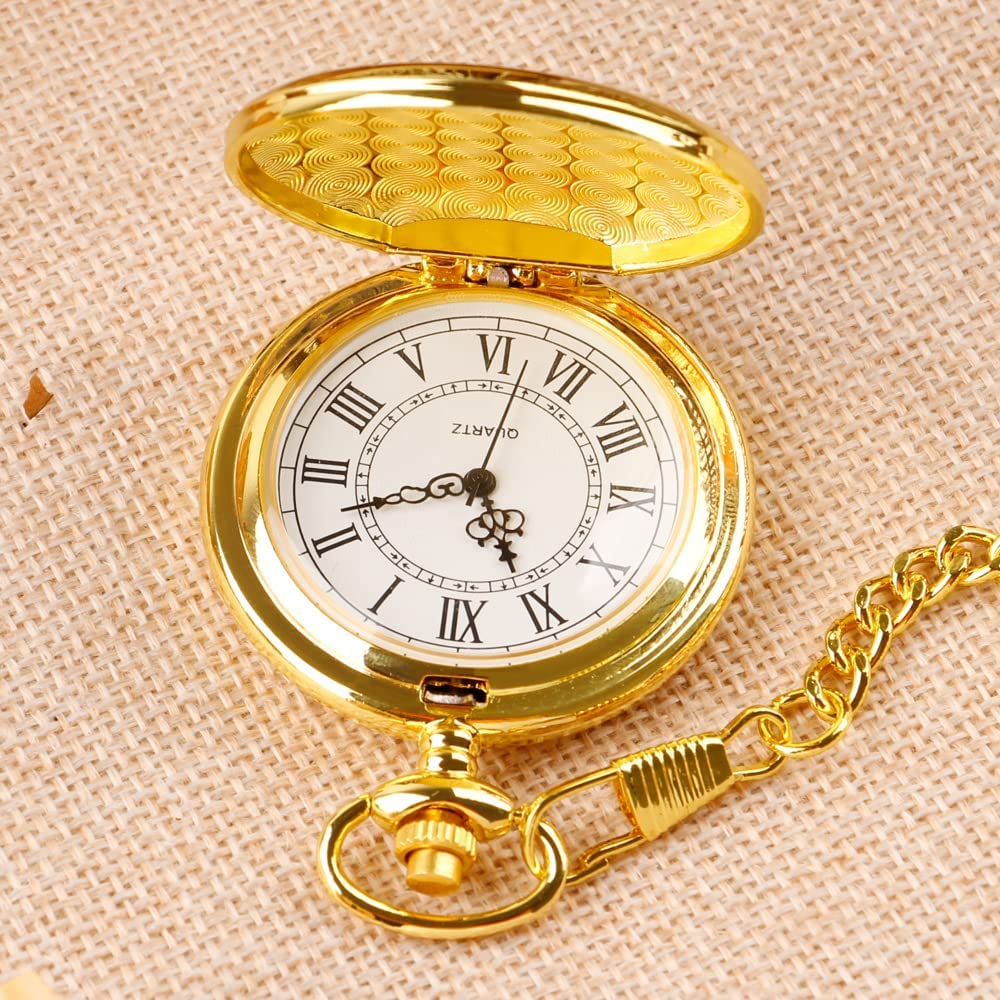 ZIBUYU  Pocket Watch with Chain for Men Antique Retro Style Alloy Pocket Watch Special Birthday Gift for Husb 4.6 CM Diameter -Golden