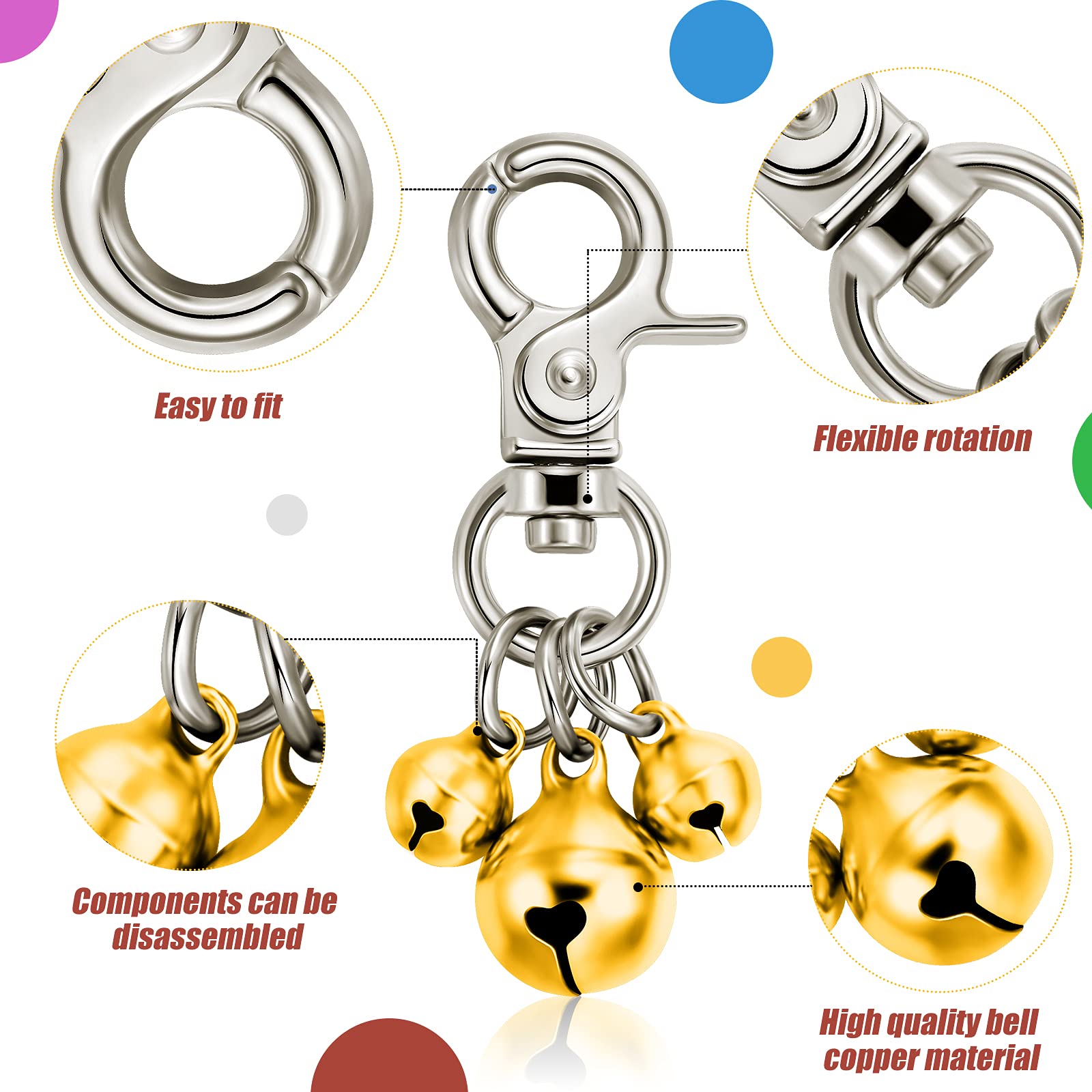 Qpets® 4 Pieces Pet Bells for Collars Loud Dog Bells Key Rings Dog Bell Collar Charm Dog Triple Bell Pendant for Dogs Cat Collar Decoration and Training