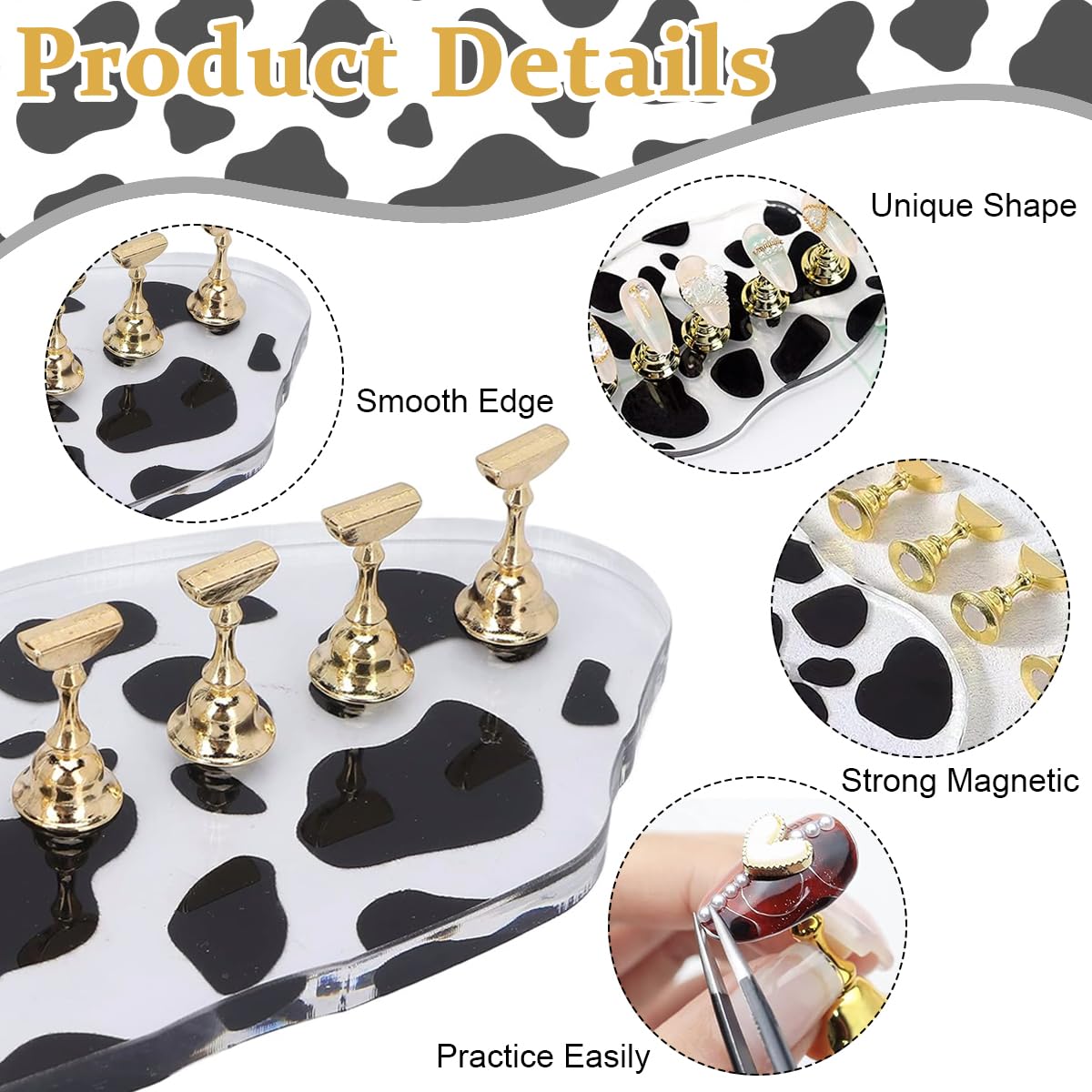 MAYCREATE Acrylic Nail Display Stand for Practice with Magnetic Holders and Cow Pattern Base | Ideal for DIY and Salon Use