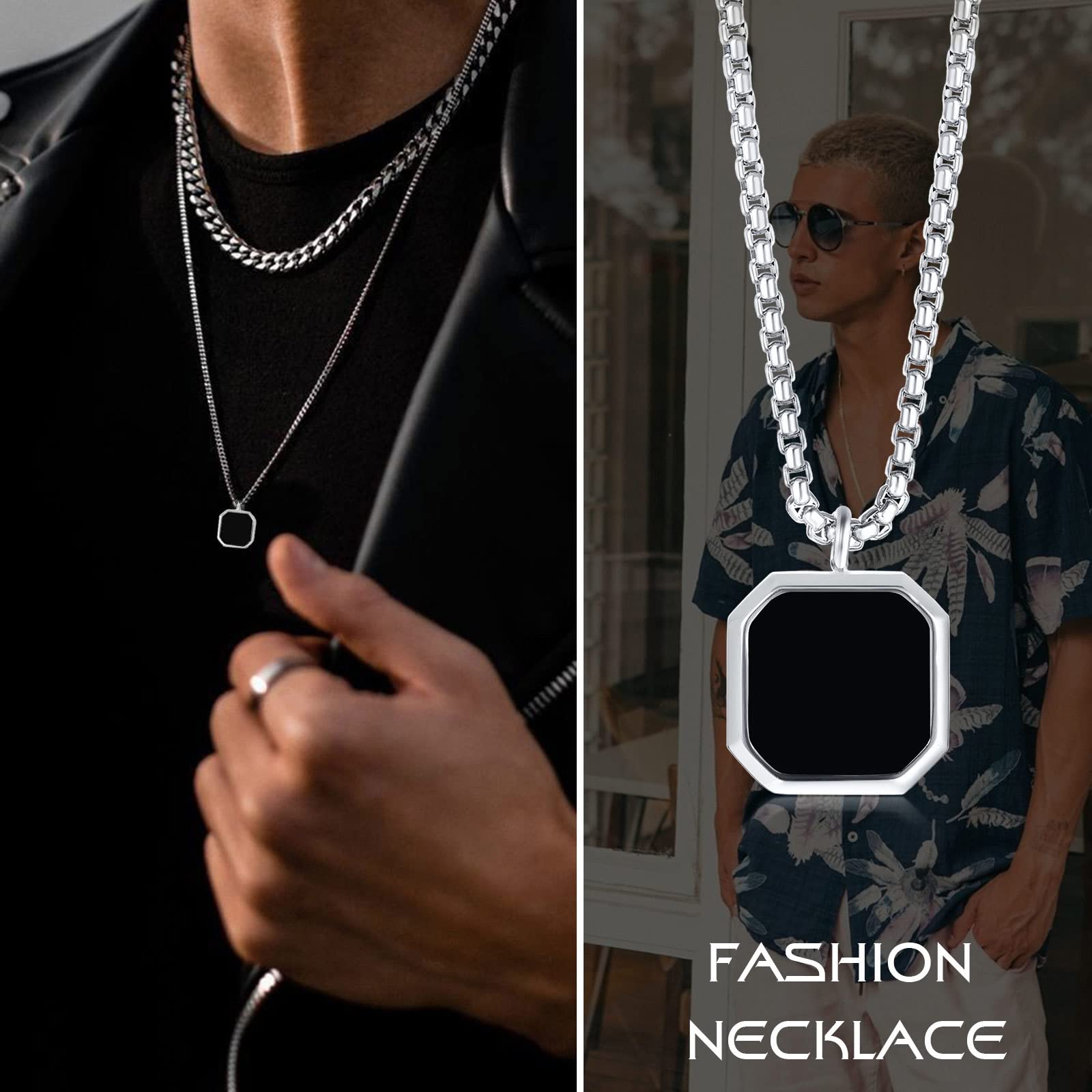 Zibuyu Men's Necklace with 1.57×0.39 in Black Square Pendant and 23.62 in Chain | Stainless Steel Gift for Men