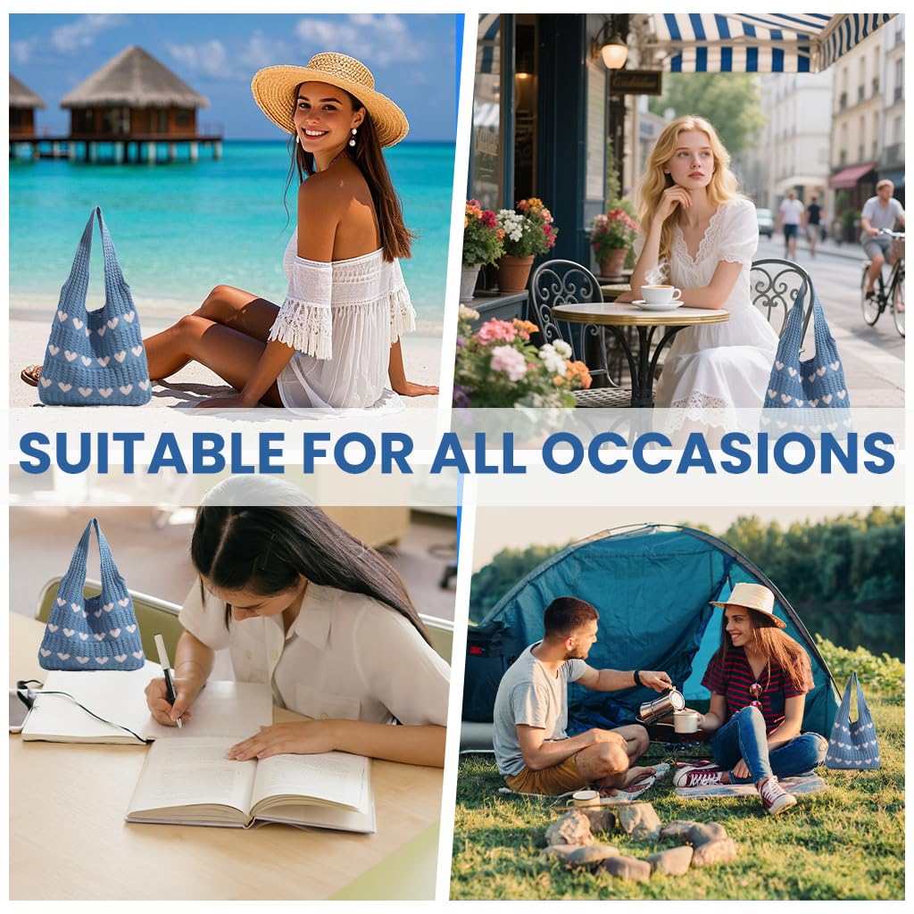 Zibuyu Crochet Heart Tote Bag for Work School and Beach with Plush Charm | Cream and Red Knit Style