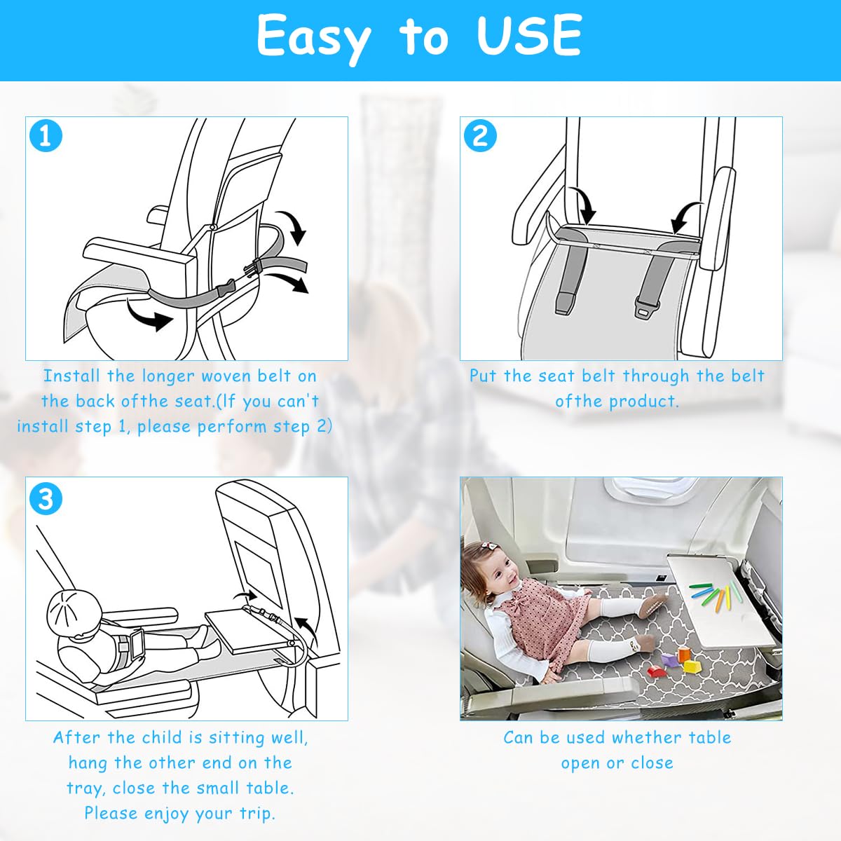 HASTHIP® Airplane Footrest Kids Bed, Airplane Foot Hammock for Baby Toddler with Anti-Slip Design, Baby Car Bed Airplane Seat Extender, Portable Baby Travel Accessories for Baby 0-3 Years, 75 * 45cm