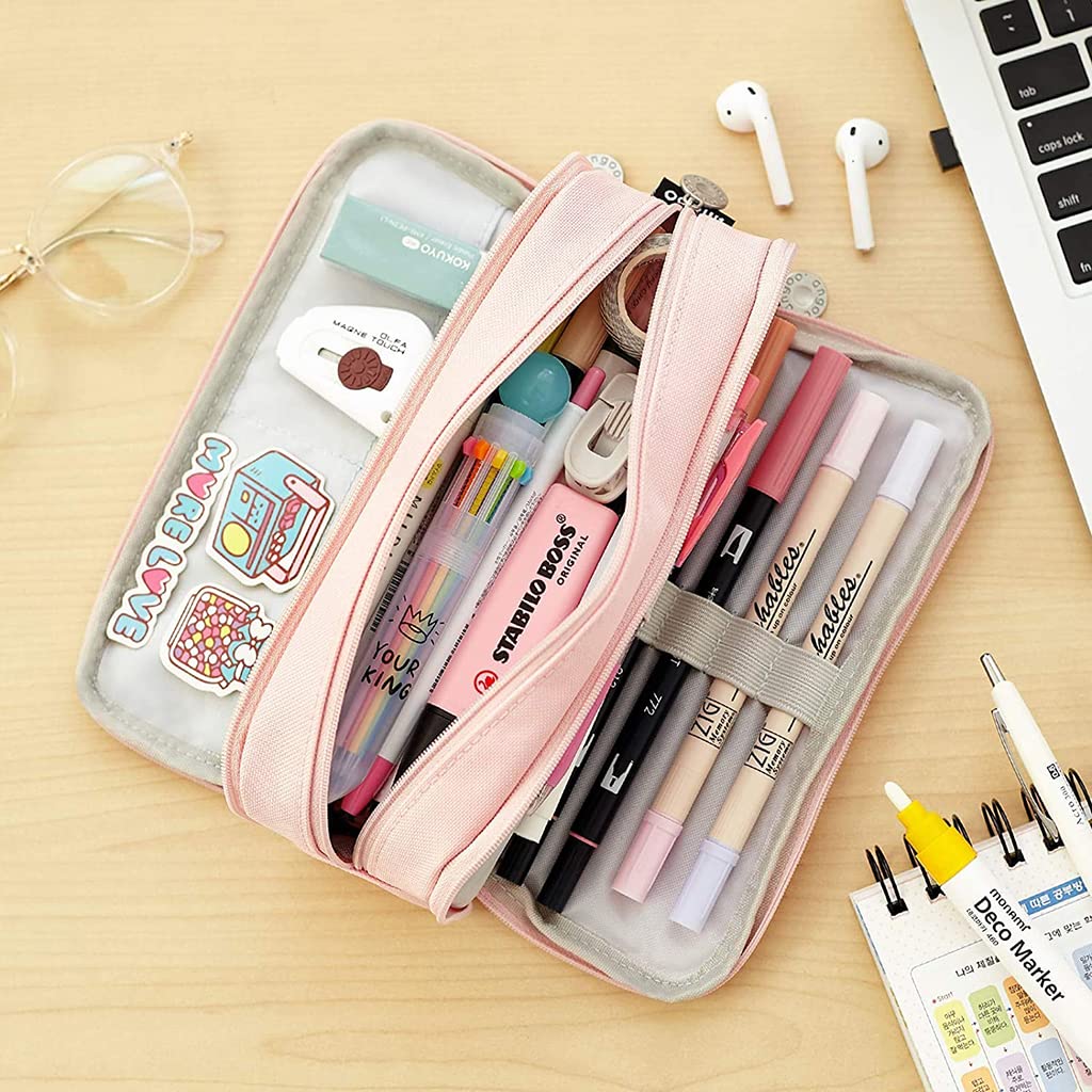 HASTHIP Pencil Case for School and Office with 3 Zippers and 21x5x9cm Capacity | Pink Multi Compartment Pouch
