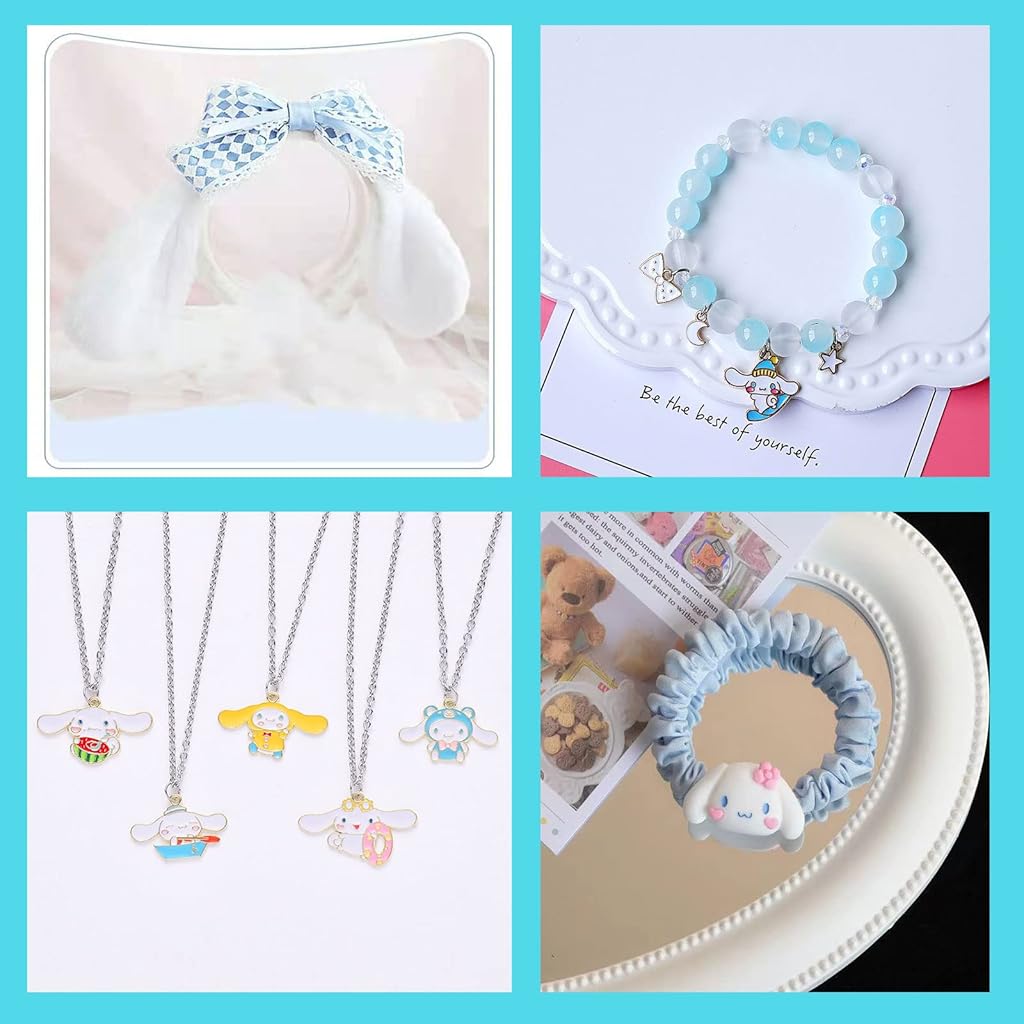 HASTHIP 9Pcs Kawaii Cinnamoroll School Kit for Girls, Sanrio Stuff Cute Stationery School Supplies Set  Headband, Ear Dog Headband, Hairband, Stationery Pouch, Stickers, Necklaces, Bracelet, Keychain