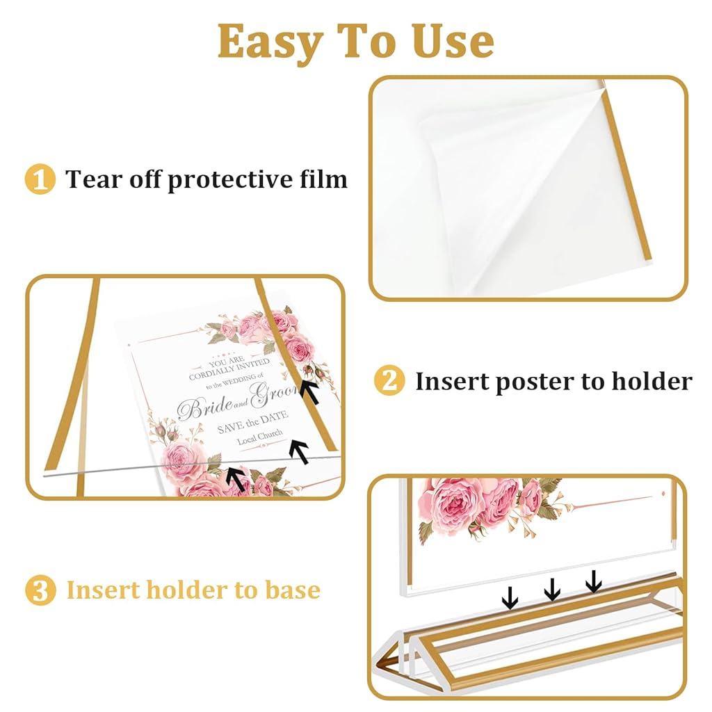 Climberty® 4Pcs Acrylic Sign Holders A4-Sized Golden Framed Sign Holder Double-sided Clear Advertising Flyers Display Stand Table Menu Holders