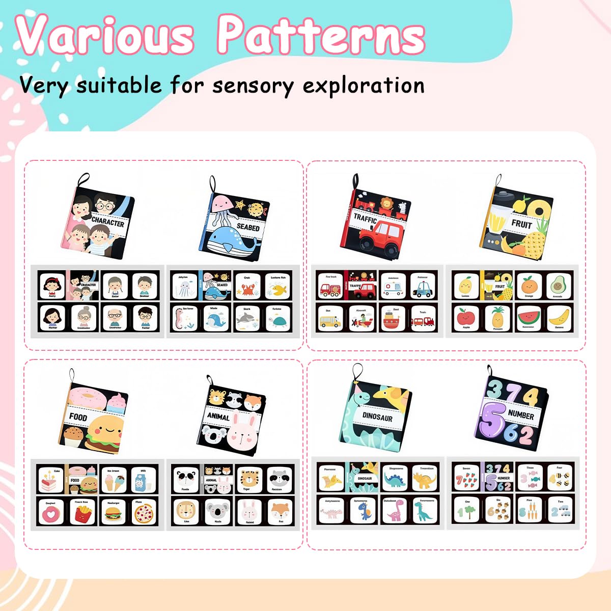 SNOWIE SOFT Cloth Books for Babies 8 pcs set with non toxic fabric and crinkle pages | sensory learning toys for toddlers