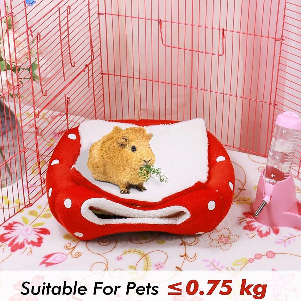 Qpets® Winter Bed for Pets, Cute Strawberry Plush House, Hamster Cage with Roof for Small Pet, Hideout Place Hibernation, Plush House for Ferret, Chinchilla, Bunny, Guinea Pig Bed (Within 0.75 kg)