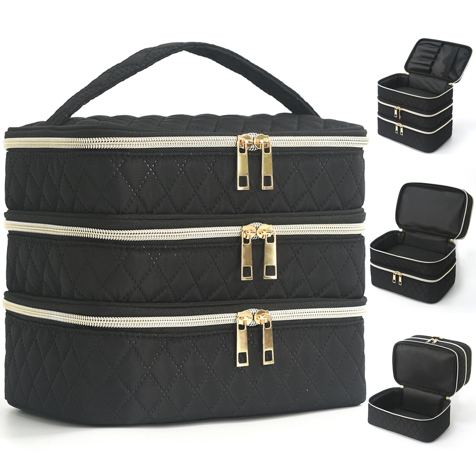 MAYCREATE Makeup Bag for Travel and Daily Use with 3 Compartments and Soft Quilted Nylon | Toiletry Organizer