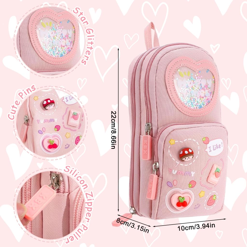 Zibuyu Pencil Pouch for Girls with 6 Layers and 3 Compartments Pink Canvas | Kawaii Organizer